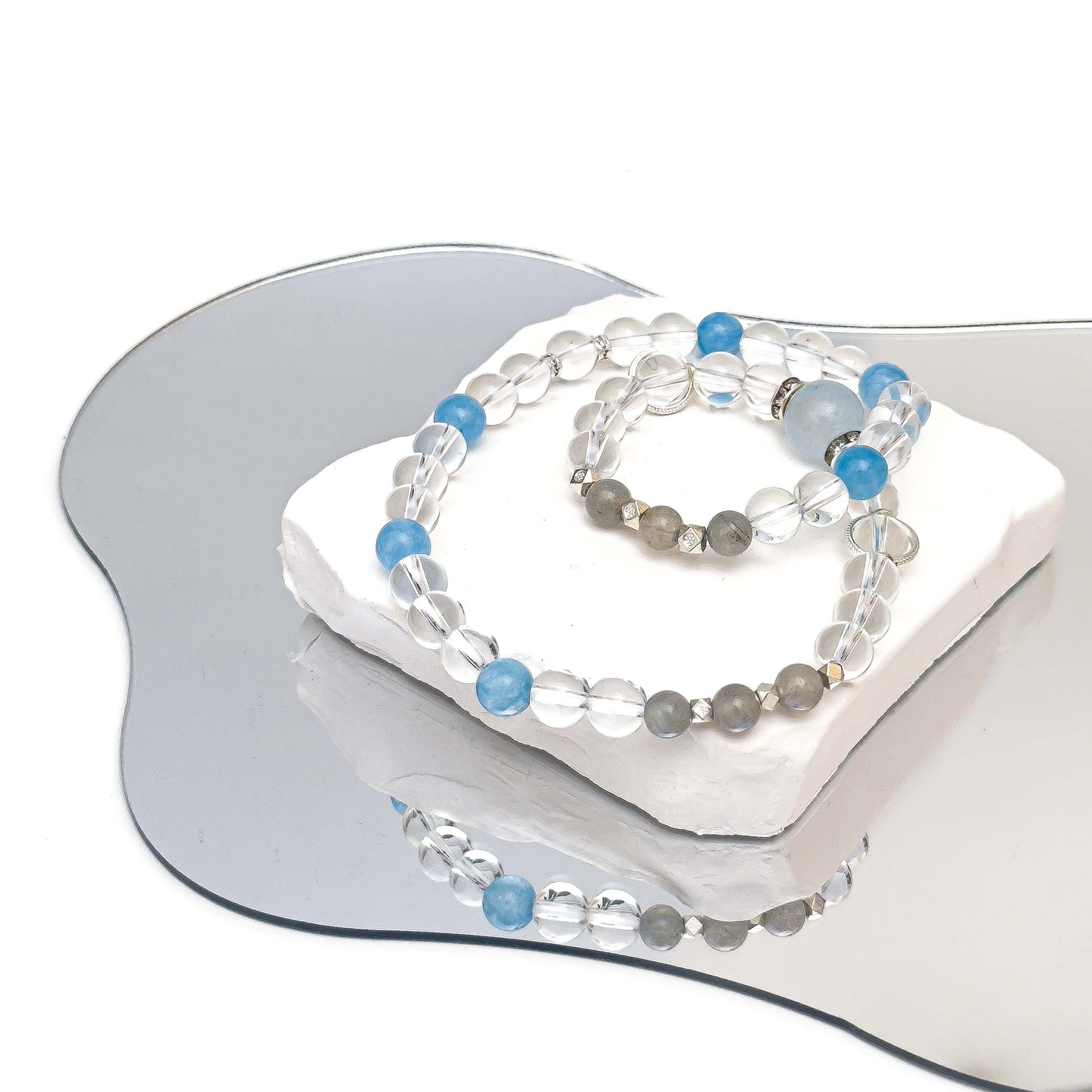 Clear Quartz Bracelet with Aquamarine Moonstone & Chalcedony | Moondora