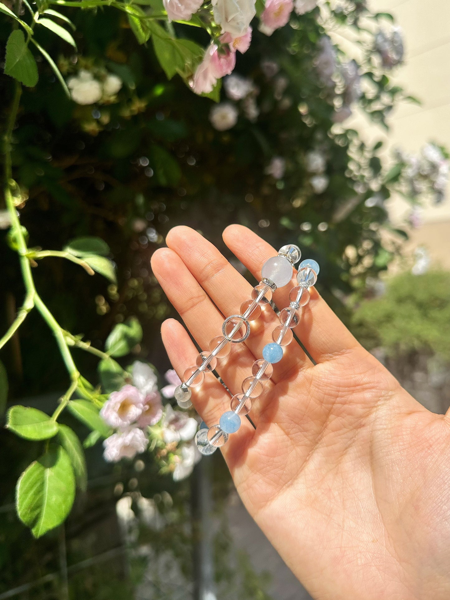 Clear Quartz Bracelet with Aquamarine Moonstone & Chalcedony | Moondora