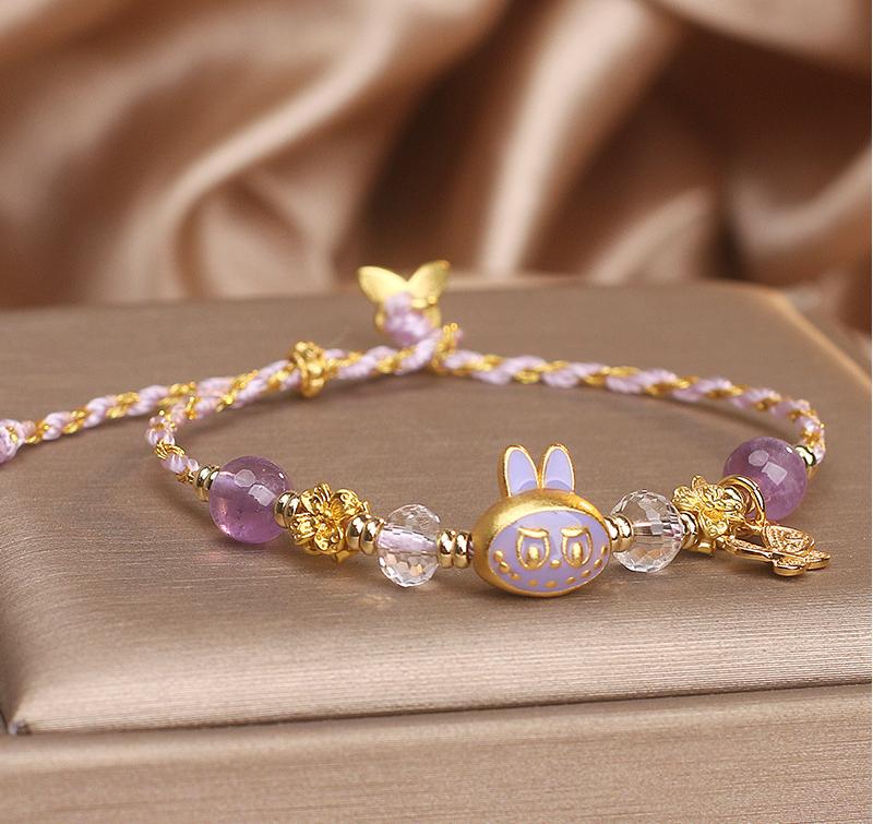 Amethyst Braided Bracelet with Labubu Charm – Peace & Imagination|Handmade
