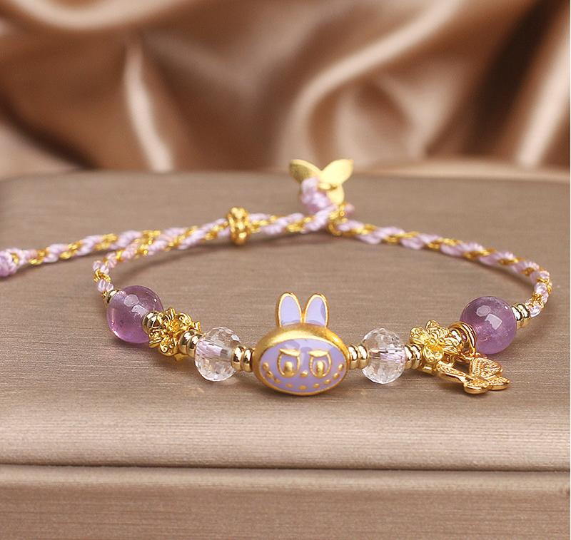 Amethyst Braided Bracelet with Labubu Charm – Peace & Imagination|Handmade