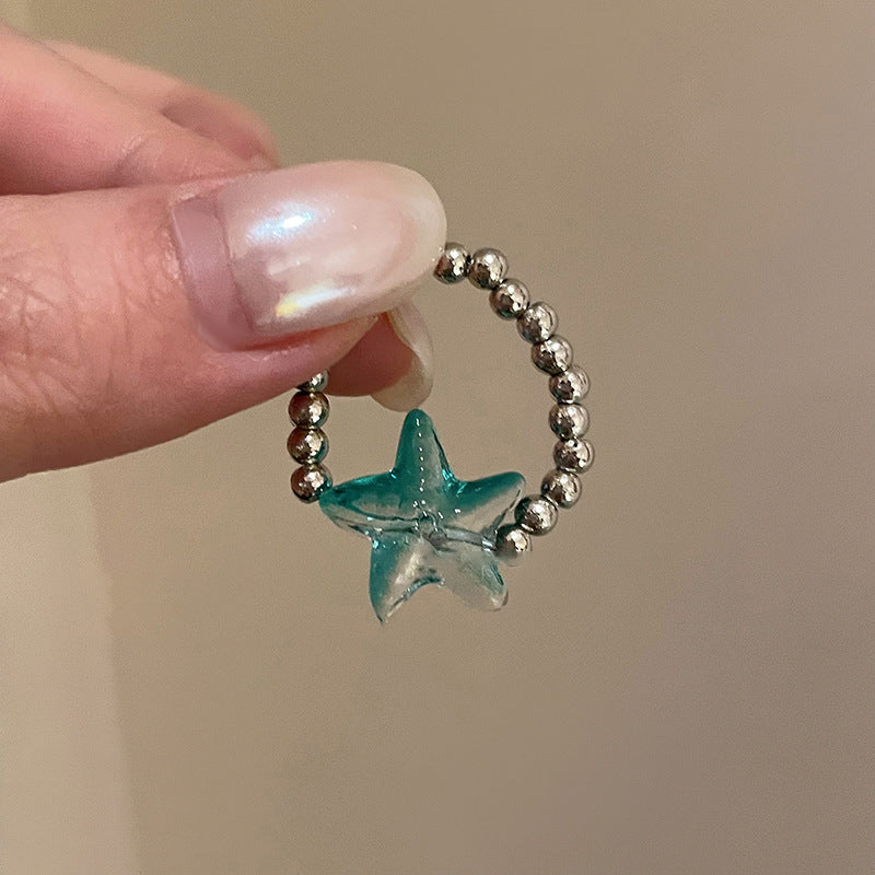 Blue Starfish Adjustable Ring with Sterling Silver Beads – Summer Vibe