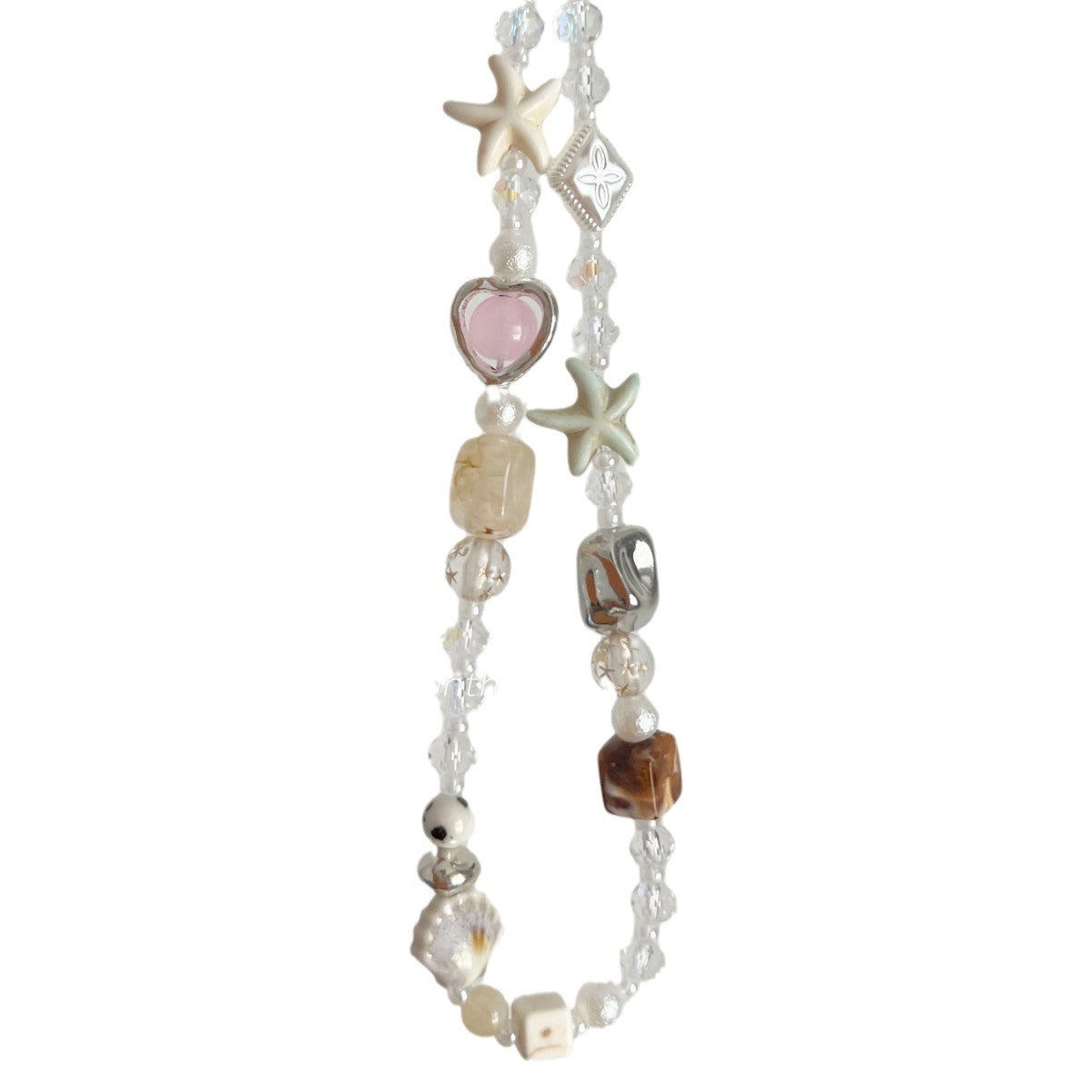 Crystal beaded phone strap with rutilated quartz, starfish beads, pearls, and pink heart charm for beach-style accessories