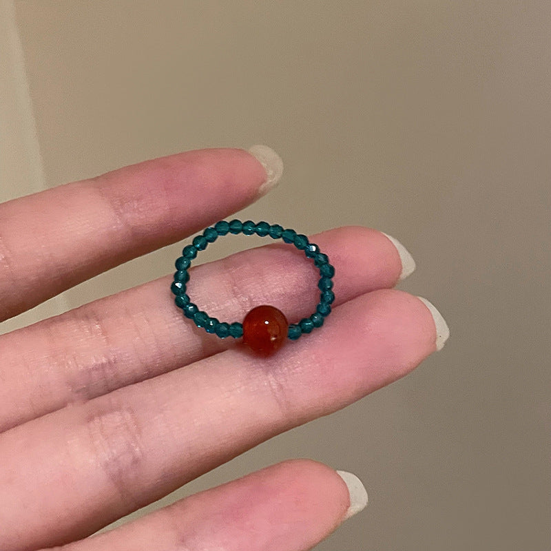 Teal Beaded Adjustable Ring with Red Agate – Summer Vibe Jewelry