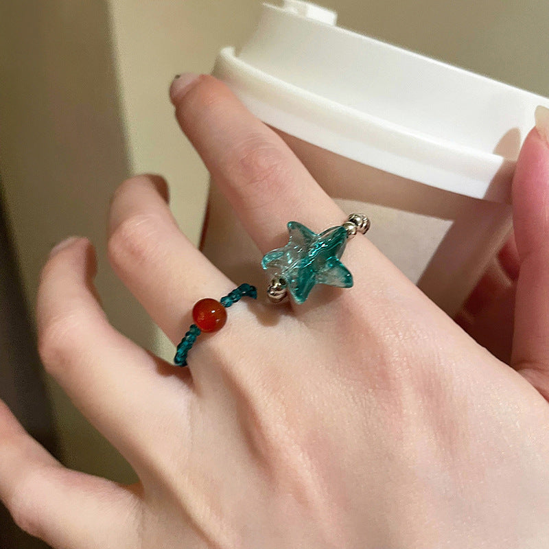 Teal Beaded Adjustable Ring with Red Agate – Summer Vibe Jewelry