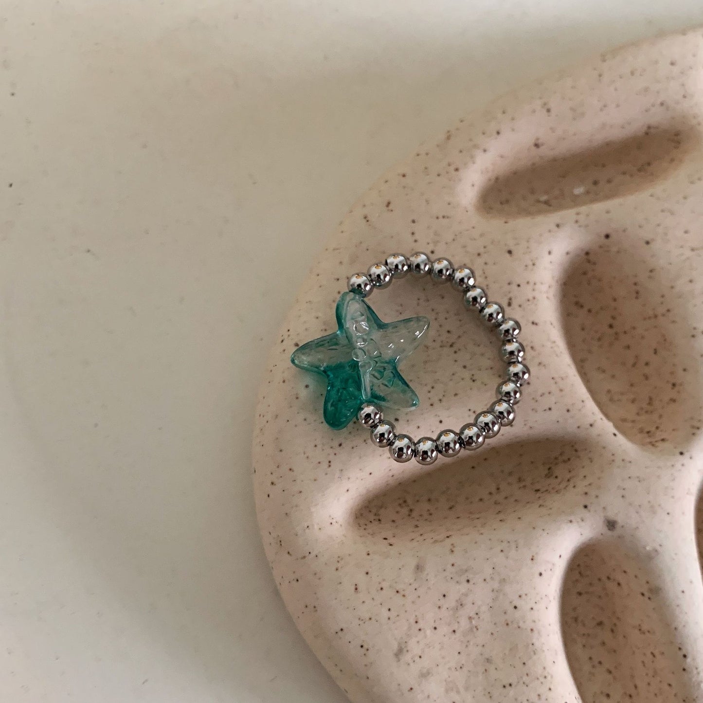 Blue Starfish Adjustable Ring with Sterling Silver Beads – Summer Vibe
