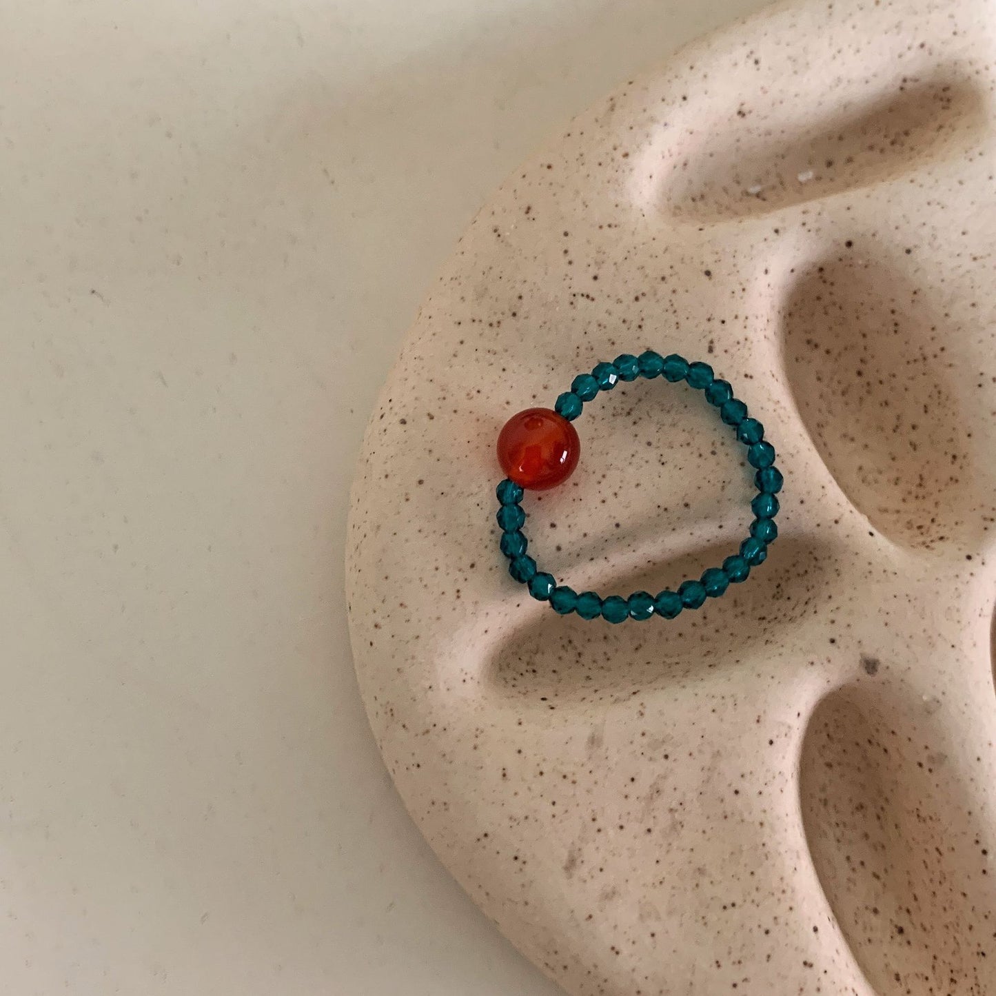Teal Beaded Adjustable Ring with Red Agate – Summer Vibe Jewelry