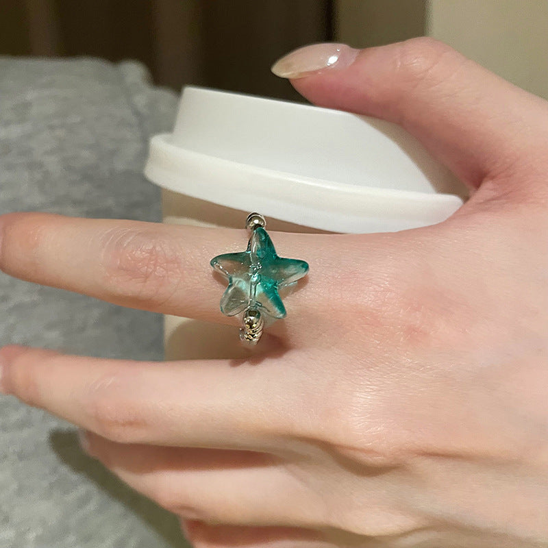 Blue Starfish Adjustable Ring with Sterling Silver Beads – Summer Vibe