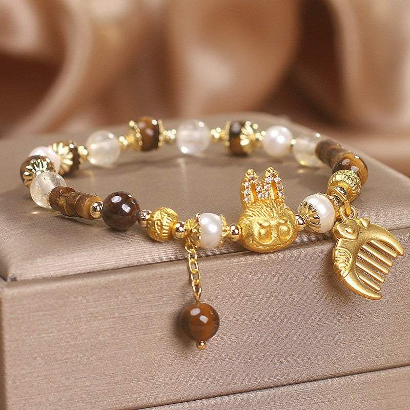 Labubu Bracelet With Tiger’s Eye & Pearls – Courage & Grace|Handmade Jewelry