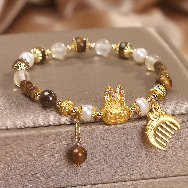 Labubu Bracelet With Tiger’s Eye & Pearls – Courage & Grace|Handmade Jewelry