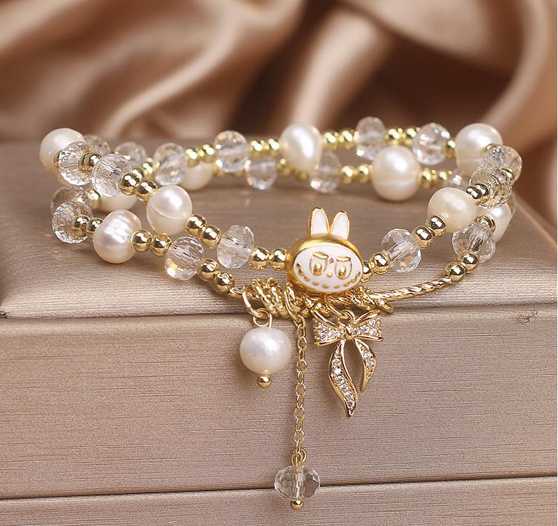 Clear Quartz & Pearl Bracelet with Labubu Pendant – Clarity & Joy|Handmade