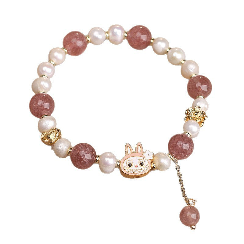 Labubu Bracelet With Strawberry Quartz & Pearls – Love & Attraction | Handmade