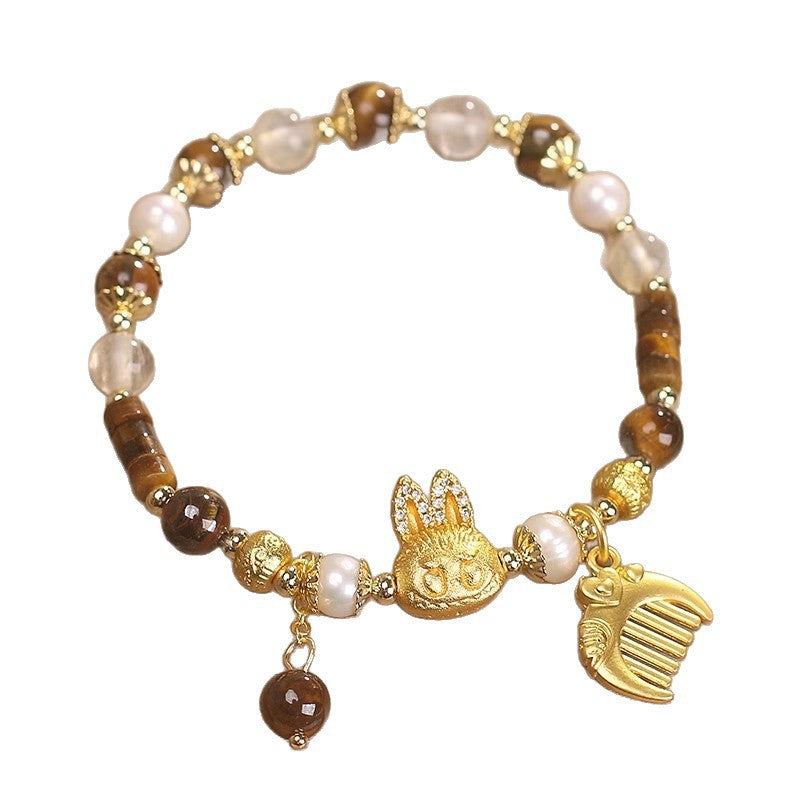 Labubu Bracelet With Tiger’s Eye & Pearls – Courage & Grace|Handmade Jewelry