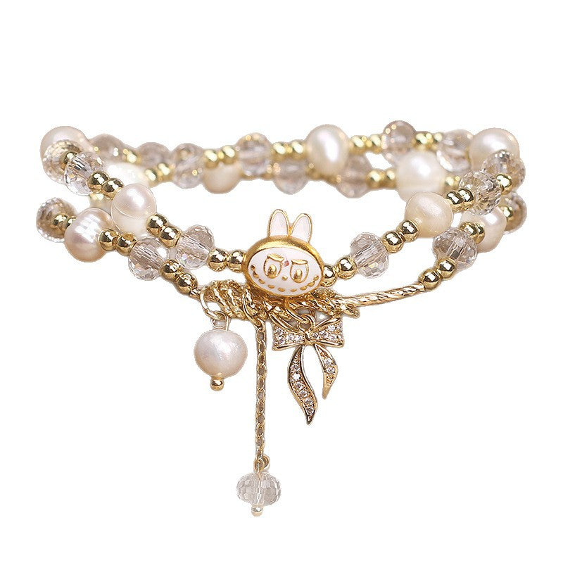 Clear Quartz & Pearl Bracelet with Labubu Pendant – Clarity & Joy|Handmade