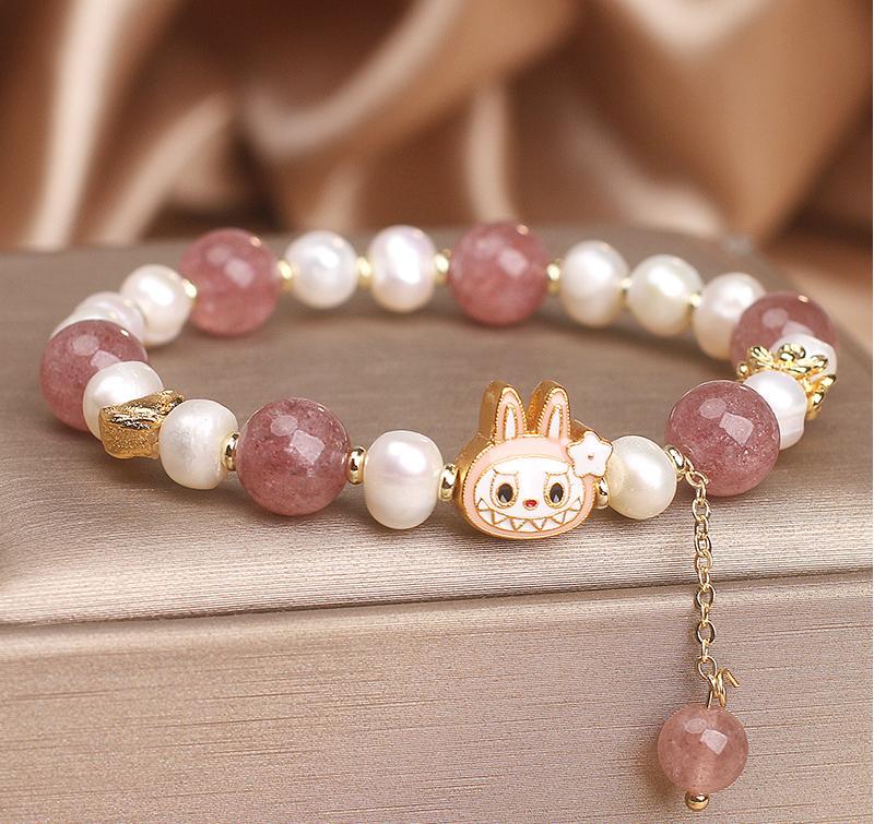 Labubu Bracelet With Strawberry Quartz & Pearls – Love & Attraction | Handmade
