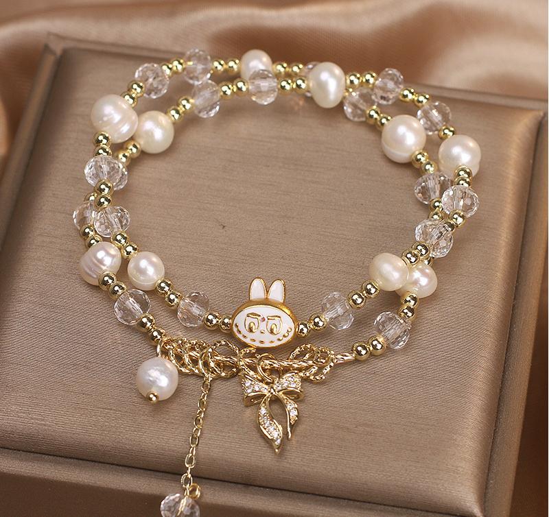 Clear Quartz & Pearl Bracelet with Labubu Pendant – Clarity & Joy|Handmade