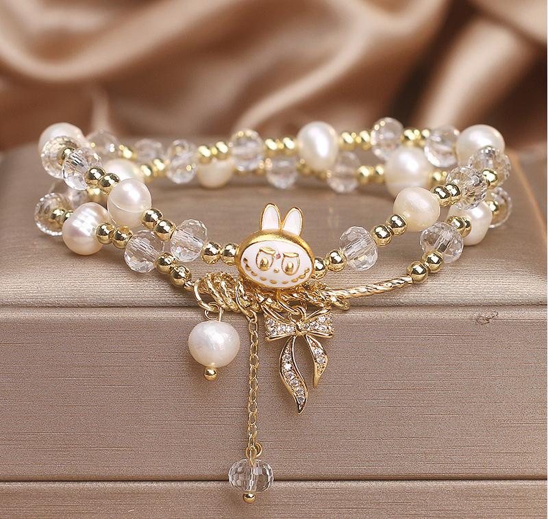 Clear Quartz & Pearl Bracelet with Labubu Pendant – Clarity & Joy|Handmade