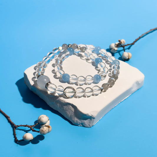 Clear Quartz Bracelet with Aquamarine Moonstone & Chalcedony | Moondora