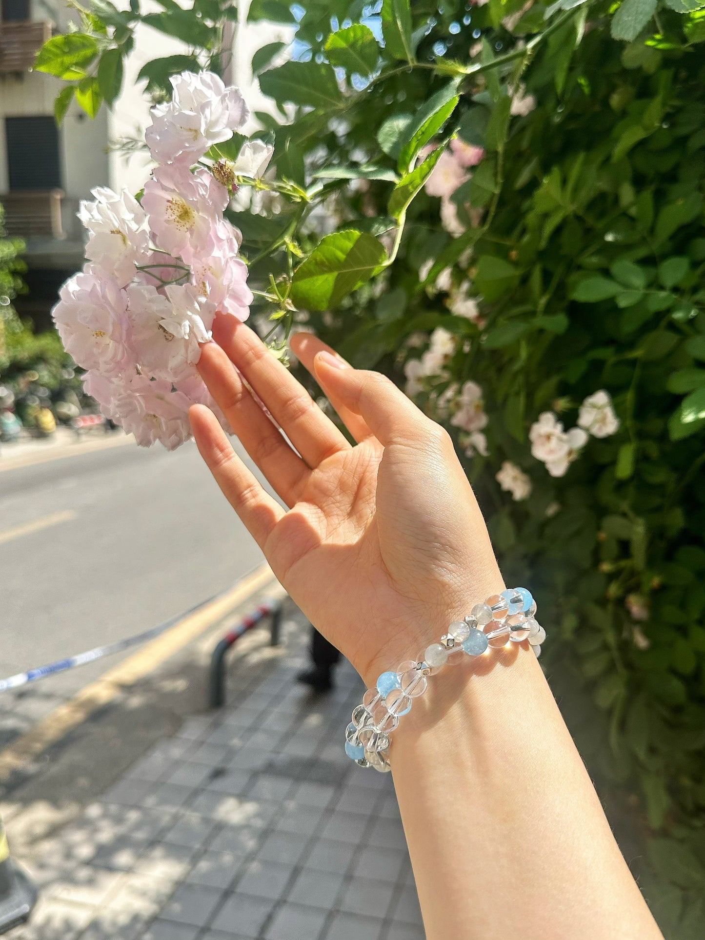 Clear Quartz Bracelet with Aquamarine Moonstone & Chalcedony | Moondora