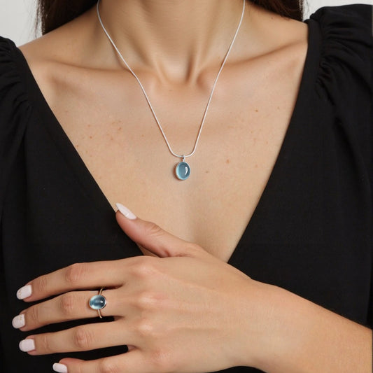 Aquamarine Necklace & Ring Set in 925 Sterling Silver