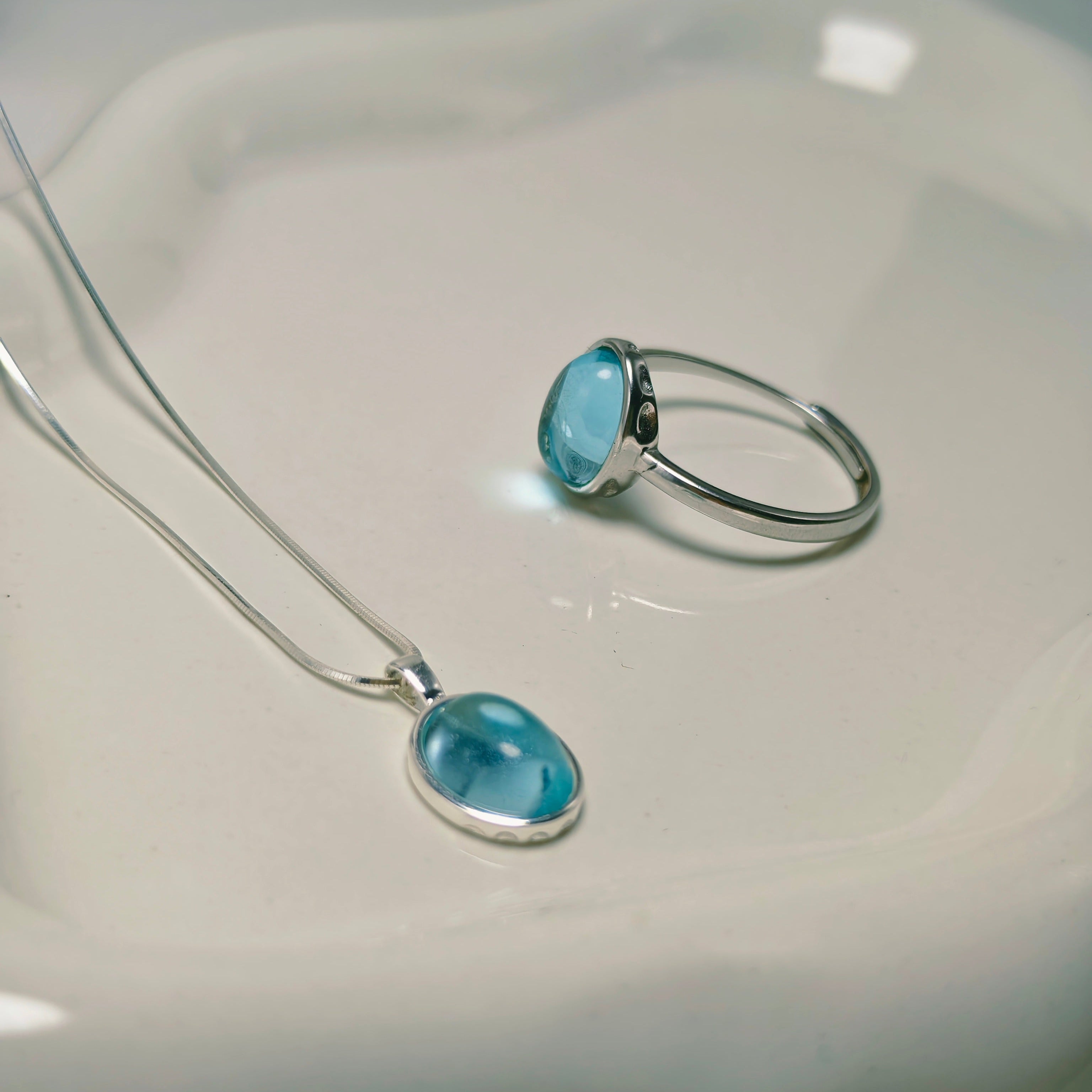 Aquamarine Necklace & Ring Set in 925 Sterling Silver
