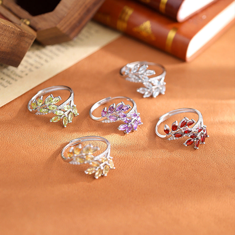 Natural Gemstone Leaf Branch Open Ring - 5 Gemstone Options