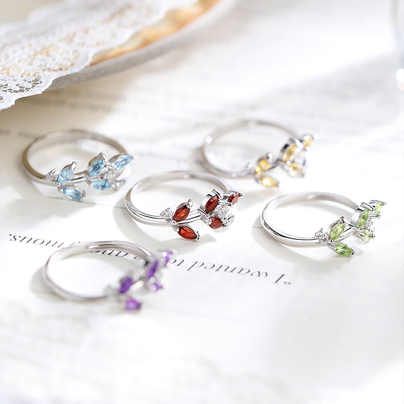 Natural Gemstone Leaf Branch Open Ring - 5 Gemstone Options