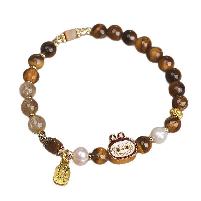 Labubu Tiger Eye ＆Pearl Bracelet – Protection & Charm | Handmade