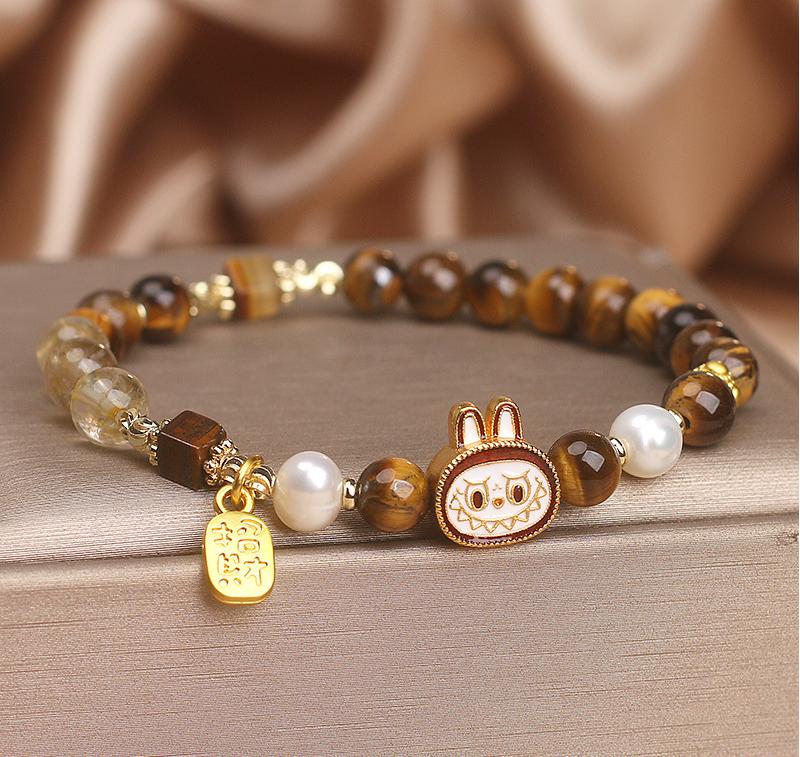 Labubu Tiger Eye ＆Pearl Bracelet – Protection & Charm | Handmade