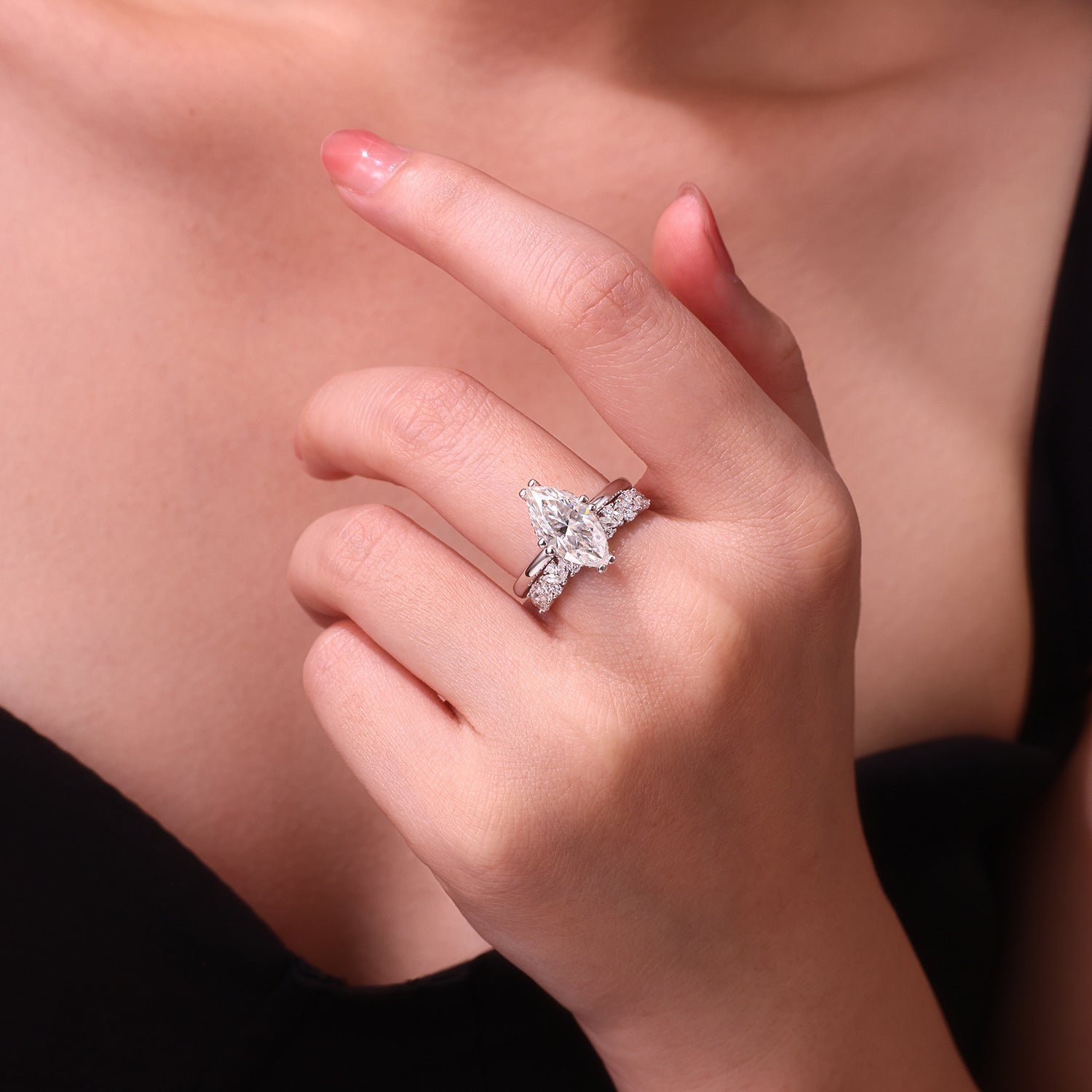 925 Sterling Silver Marquise Moissanite Stacking Wedding Ring Set