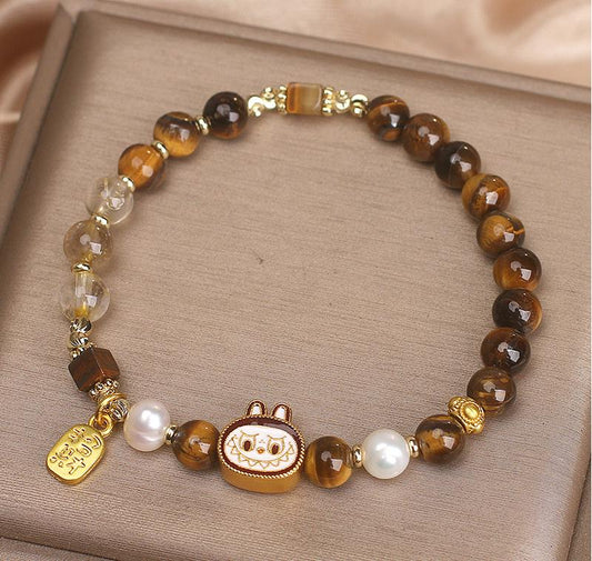 Labubu Tiger Eye ＆Pearl Bracelet – Protection & Charm | Handmade