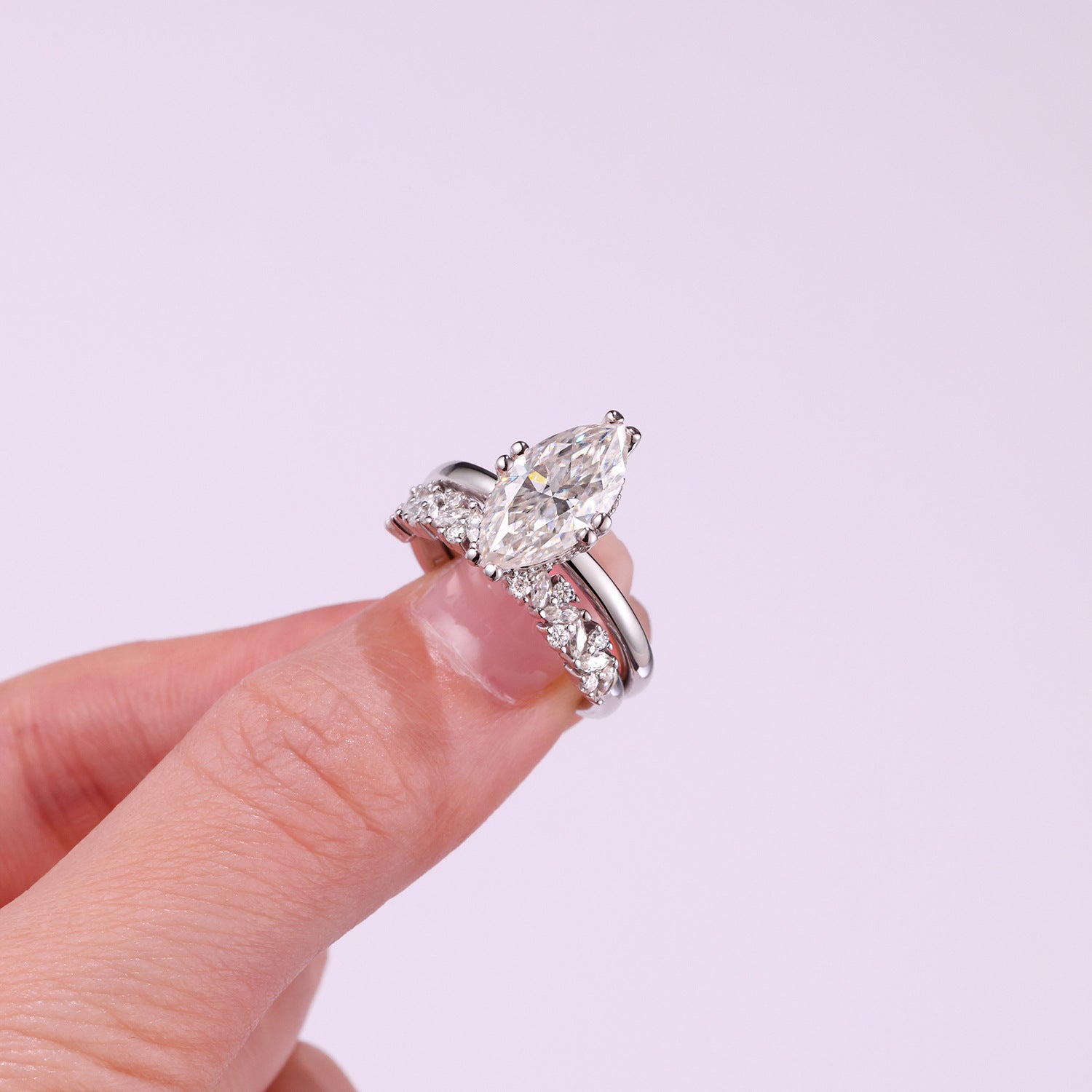 925 Sterling Silver Marquise Moissanite Stacking Wedding Ring Set