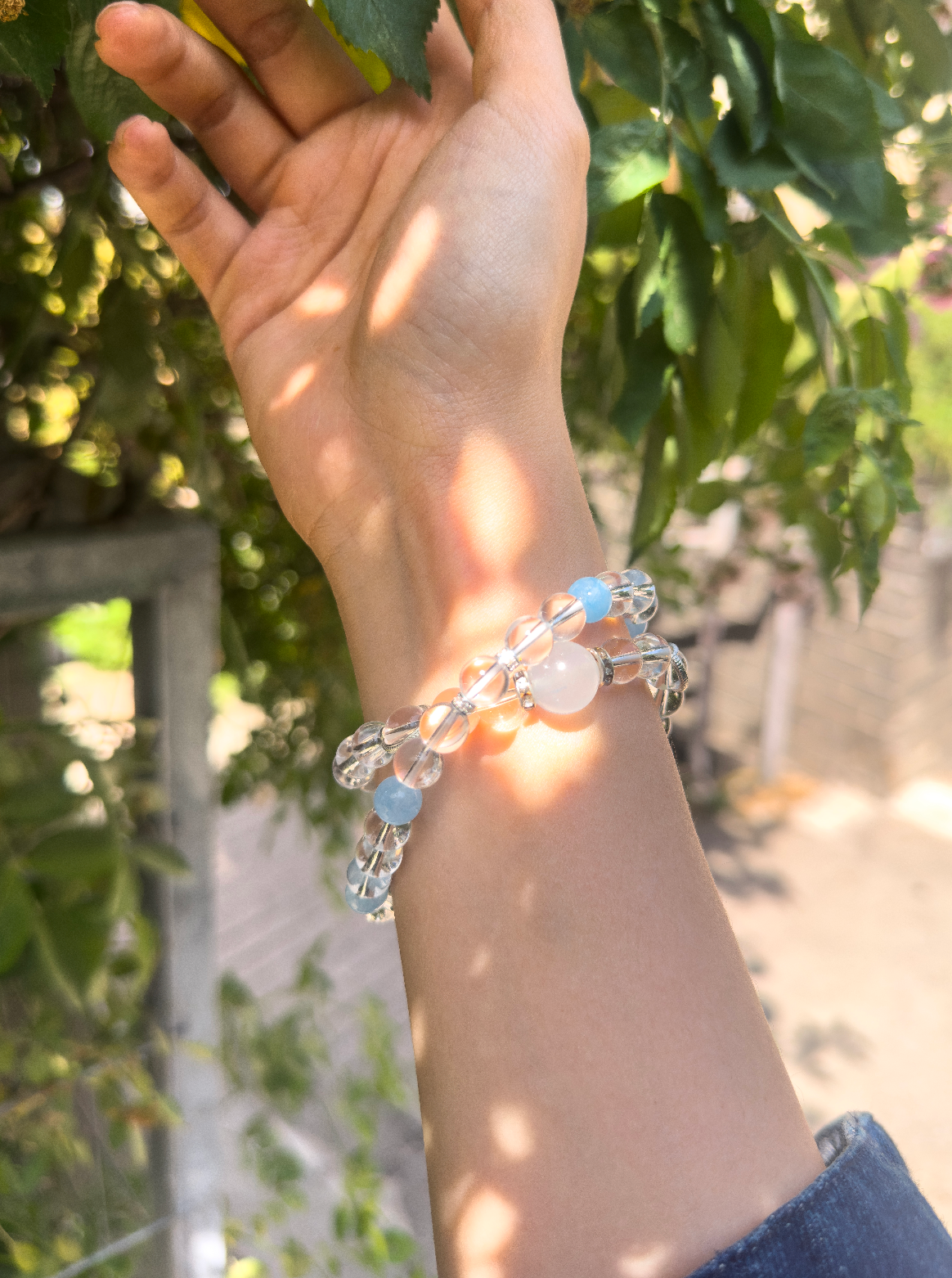 Clear Quartz Bracelet with Aquamarine Moonstone & Chalcedony | Moondora