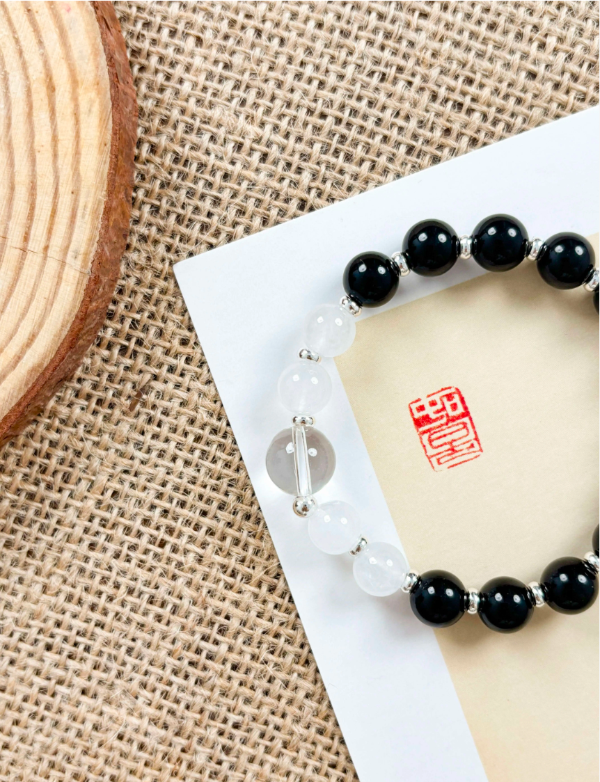 Obsidian & Clear Quartz Bracelet – Protection, Emotional Healing｜Metal Element｜Moondora