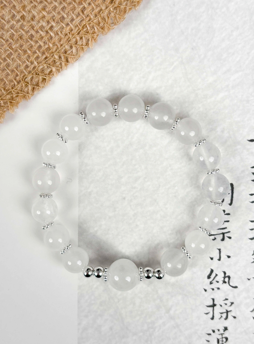 White Chalcedony Bracelet with 925 Sterling Silver – Emotional Healing & Inner Peace | Metal Element | Moondora