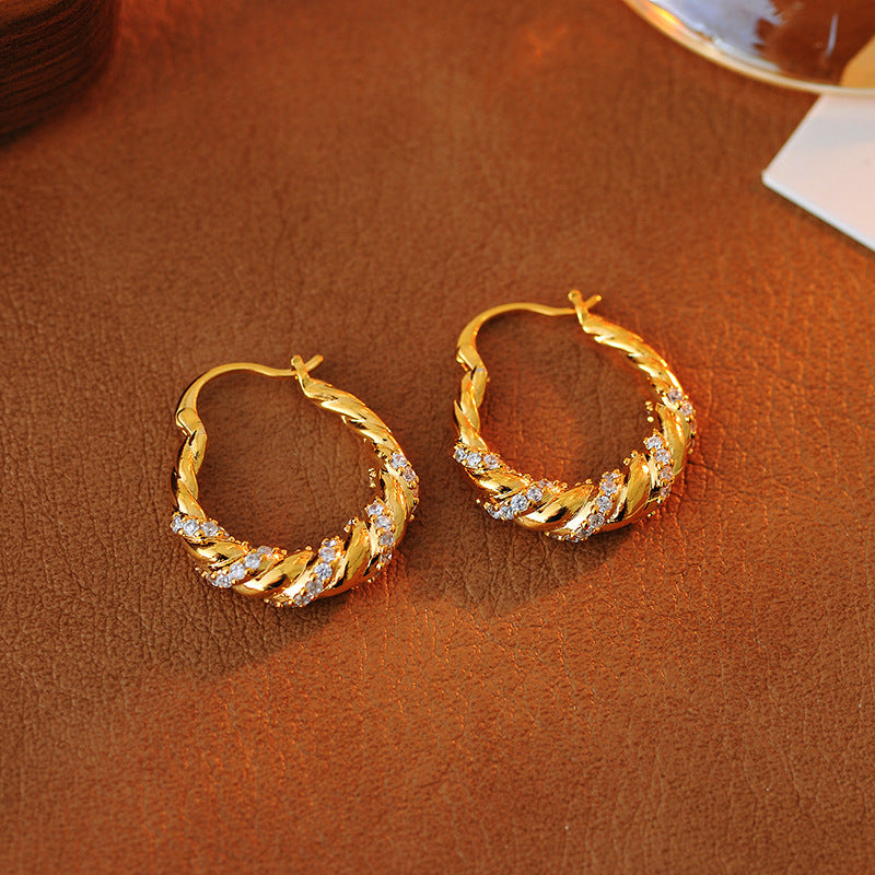 Gold Zircon Braided Hoop Earrings