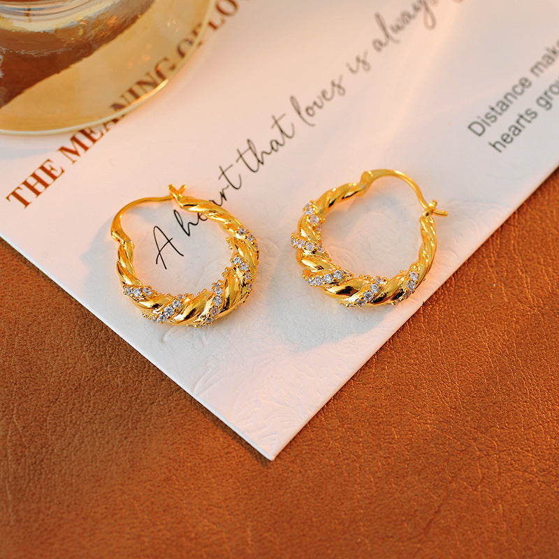 Gold Zircon Braided Hoop Earrings