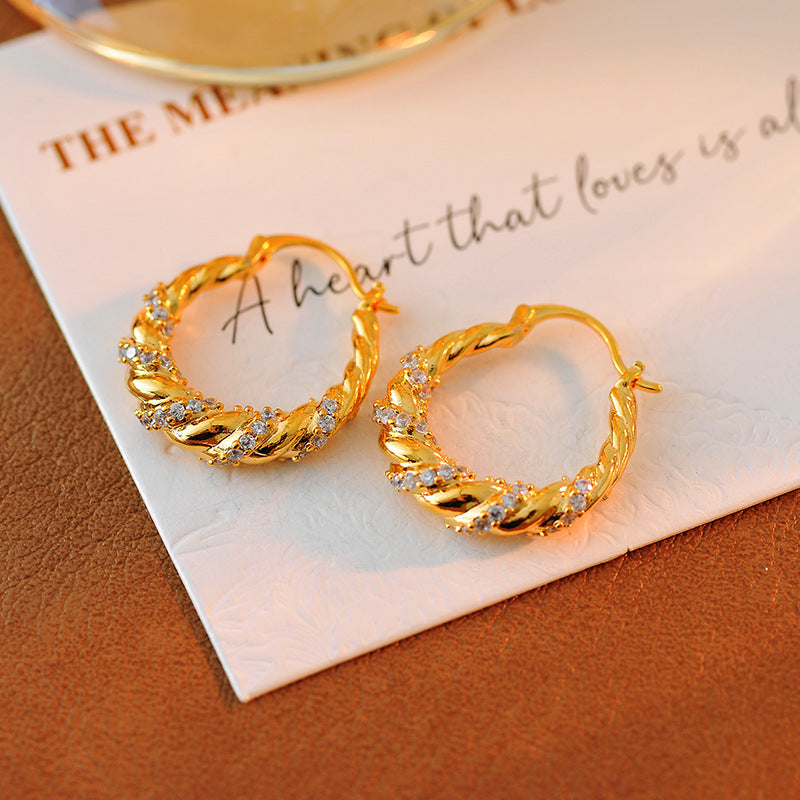 Gold Zircon Braided Hoop Earrings