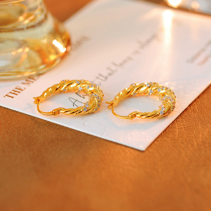 Gold Zircon Braided Hoop Earrings