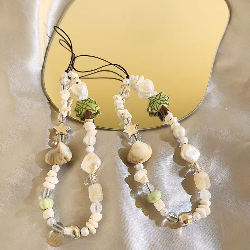 Crystal beaded phone lanyard, phone wrist strap with shells and coconut elements for summer vibe wearing