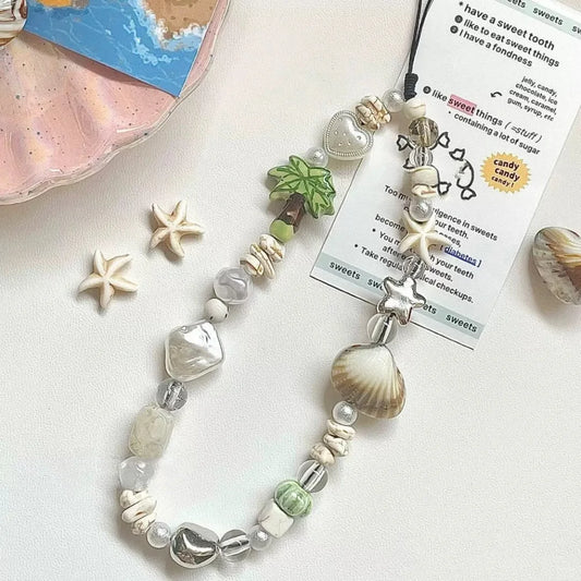 Crystal beaded phone lanyard, phone wrist strap with shells and coconut elements for summer vibe wearing