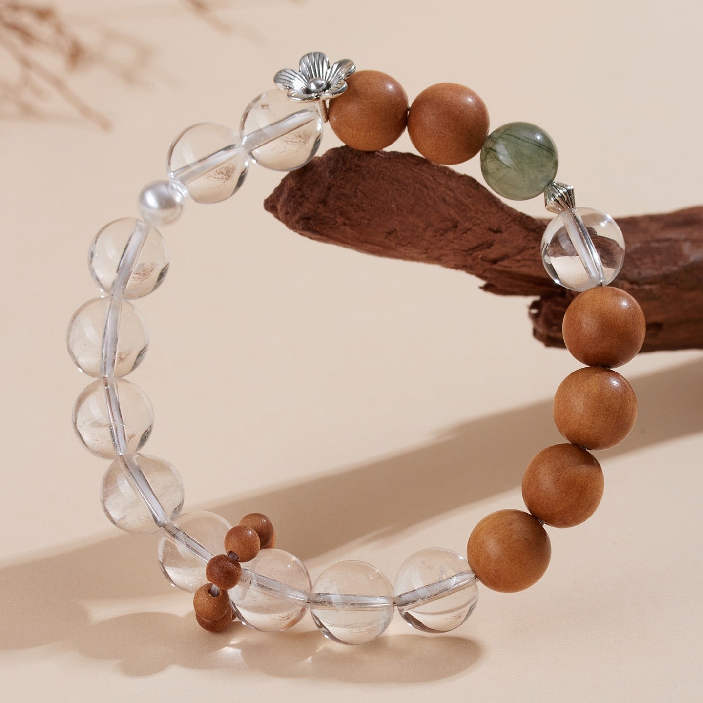 Clear Quartz, Sandalwood & Green Rutilated Quartz Bracelet for Balance & Protection