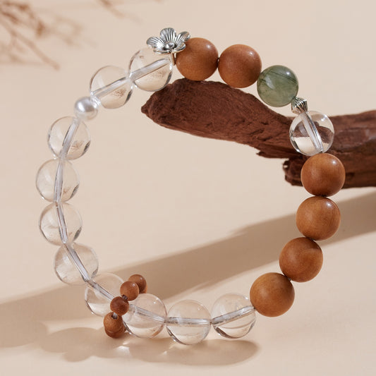 Clear Quartz, Sandalwood & Green Rutilated Quartz Bracelet for Balance & Protection