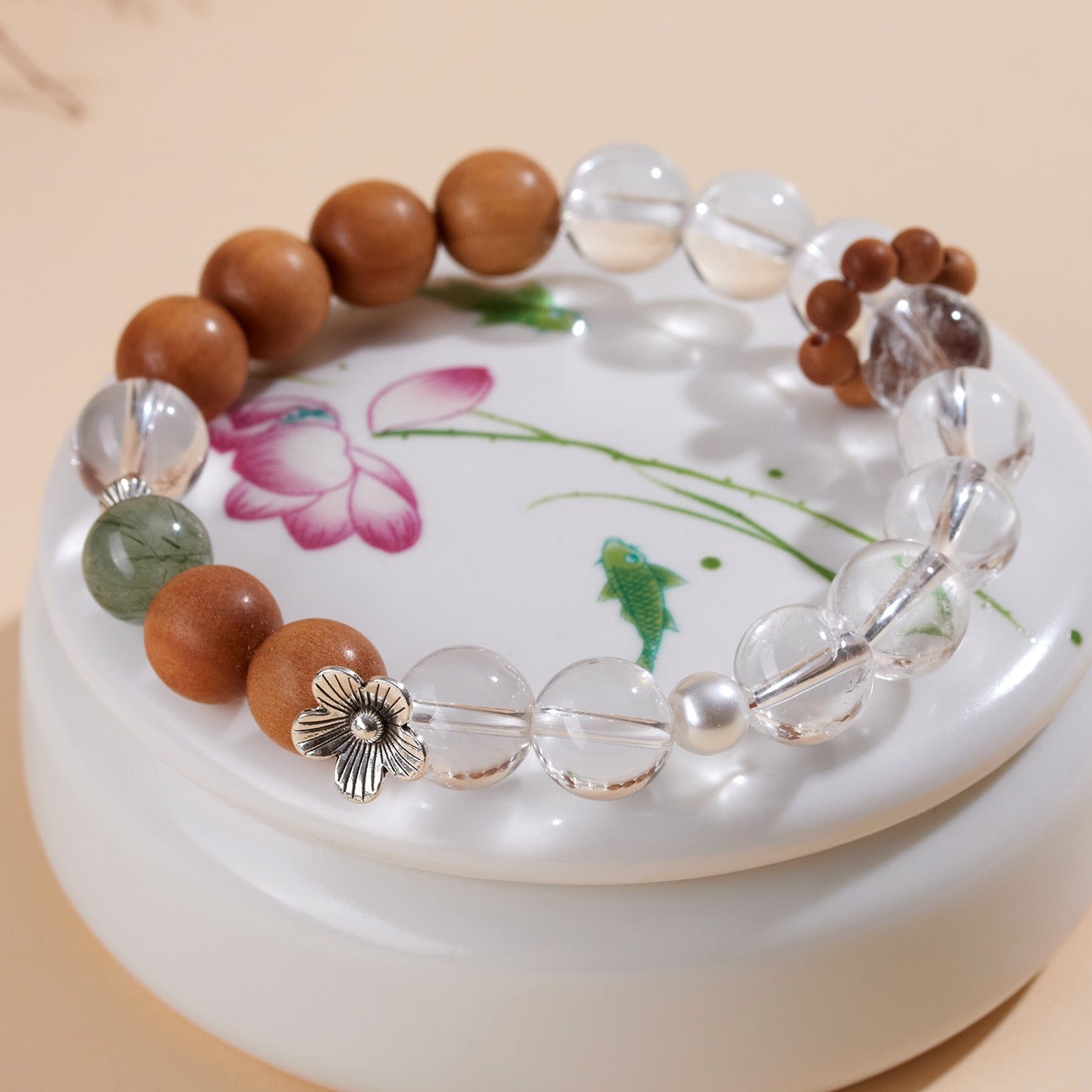 Clear Quartz, Sandalwood & Green Rutilated Quartz Bracelet for Balance & Protection