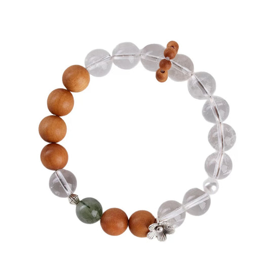 Clear Quartz, Sandalwood & Green Rutilated Quartz Bracelet for Balance & Protection