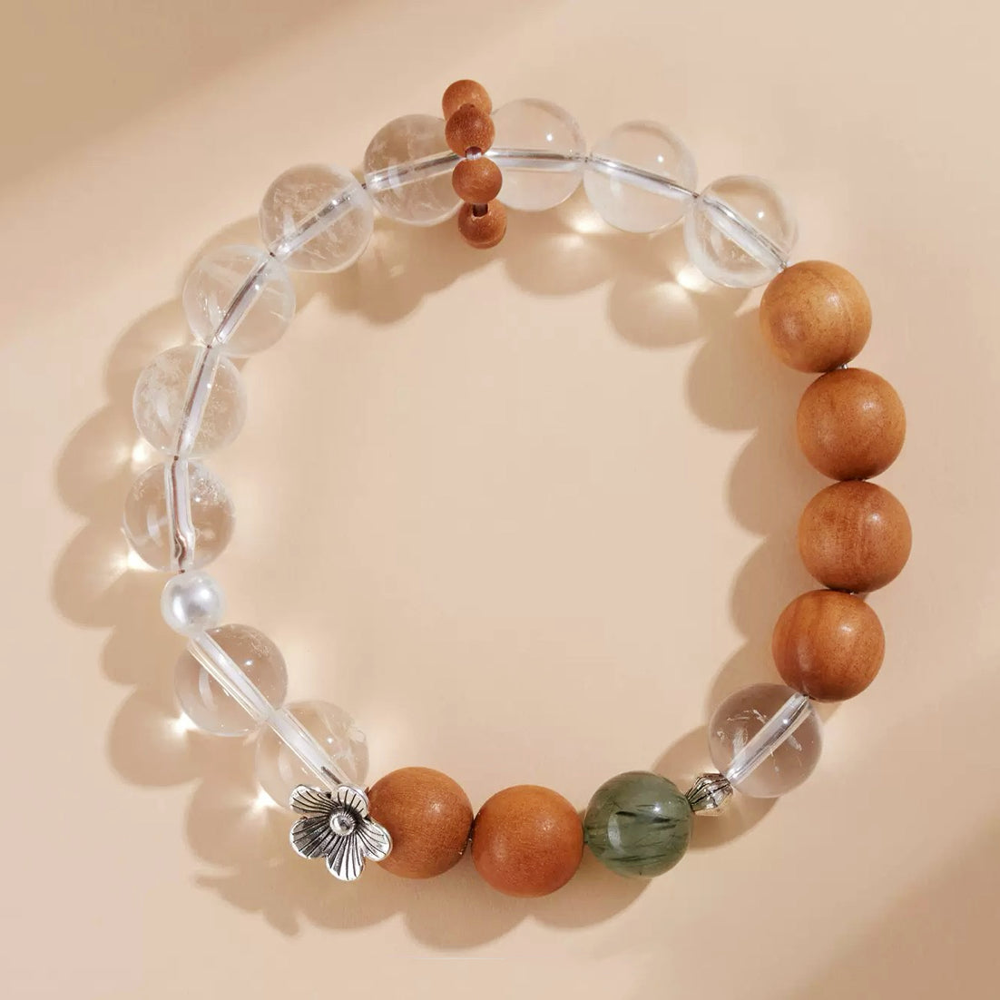 Clear Quartz, Sandalwood & Green Rutilated Quartz Bracelet for Balance & Protection
