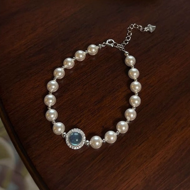 Aquamarine and Grey Pearl Sterling Silver Bracelet