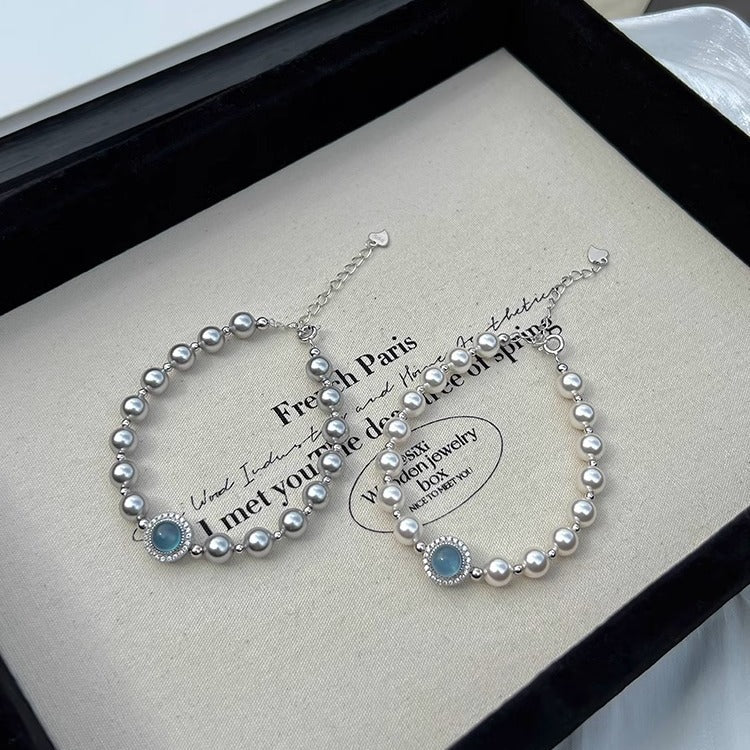Aquamarine and Grey Pearl Sterling Silver Bracelet