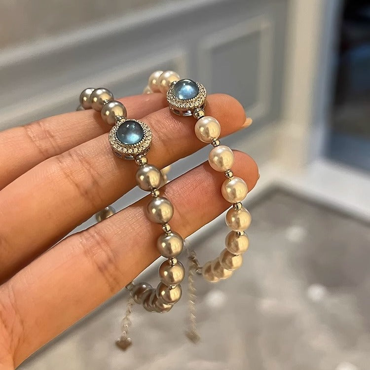 Aquamarine and Grey Pearl Sterling Silver Bracelet