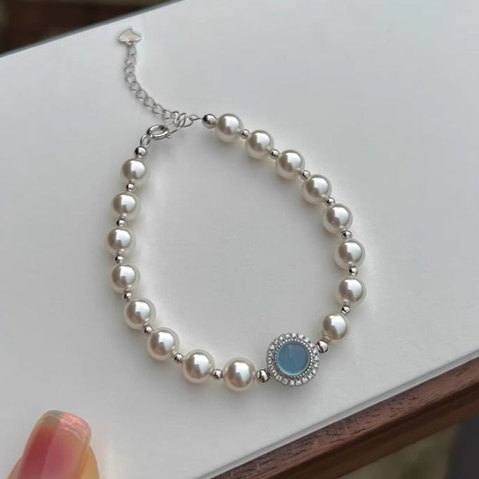 Aquamarine and Grey Pearl Sterling Silver Bracelet