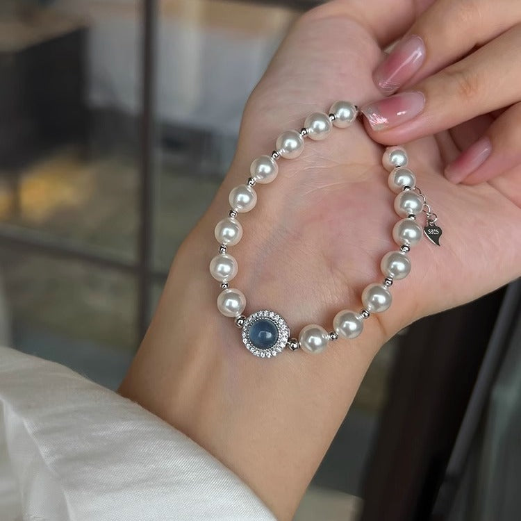 Aquamarine and Grey Pearl Sterling Silver Bracelet